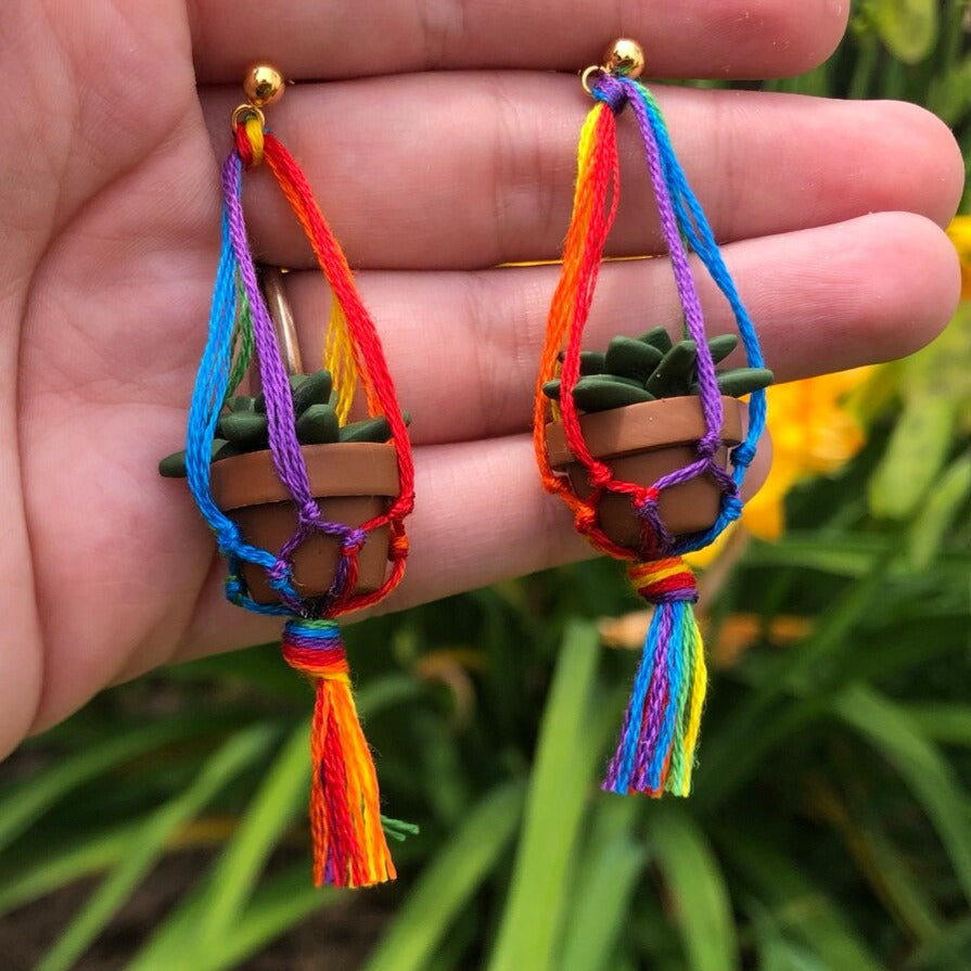 Gay Flag Macramé Plant Earrings
