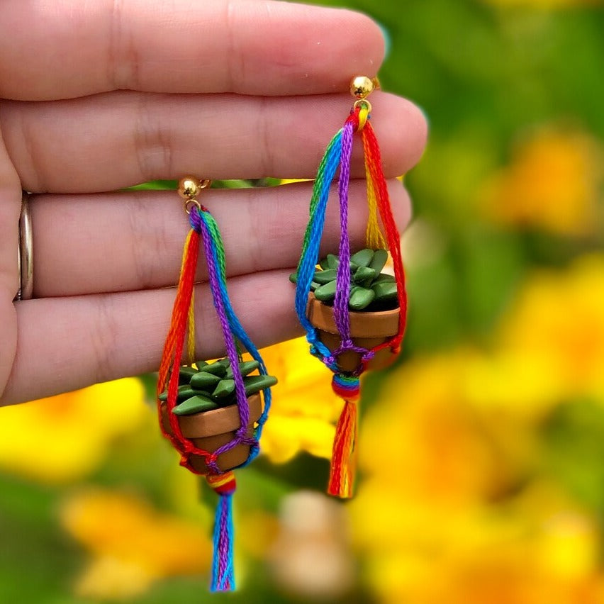 Gay Flag Macramé Plant Earrings