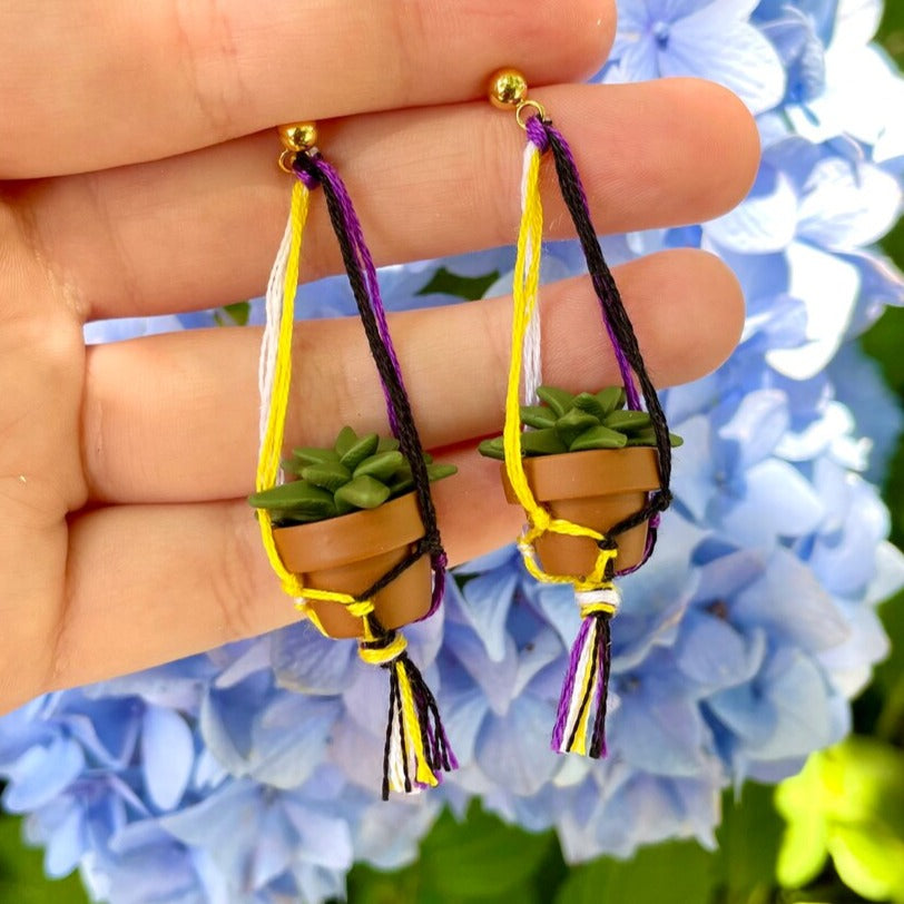 Non-Binary Flag Macramé Plant Earrings