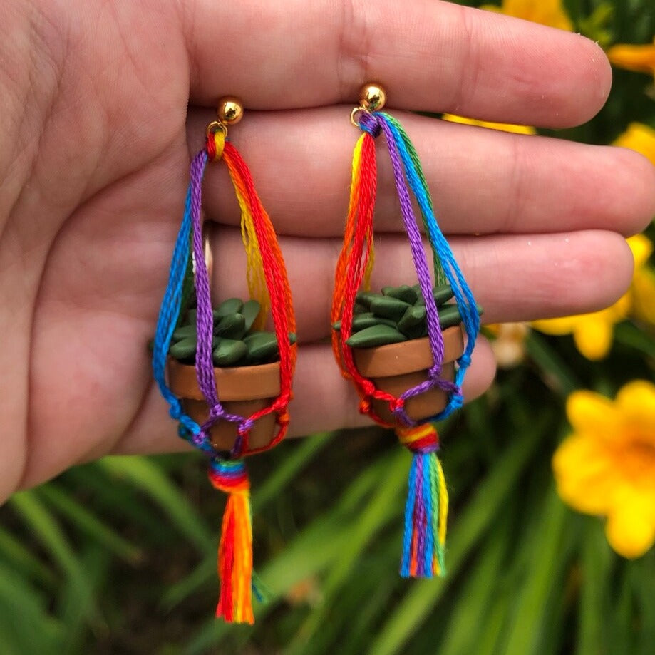 Gay Flag Macramé Plant Earrings