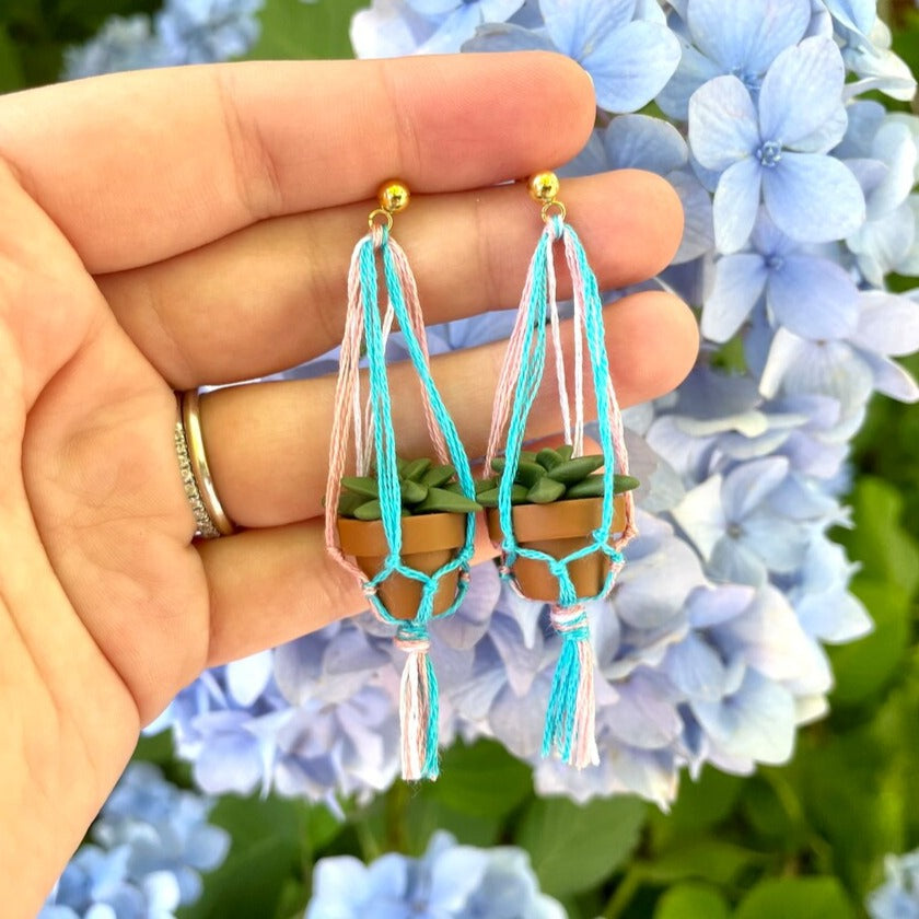 Trans Flag Macramé Plant Earrings