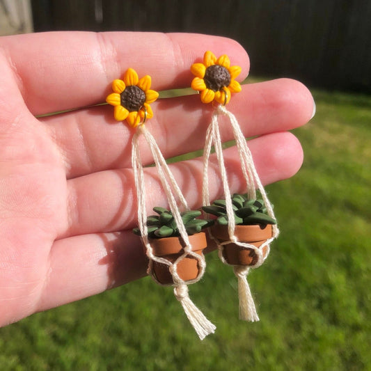 Sunflower Macramé Hanging Plant Earrings