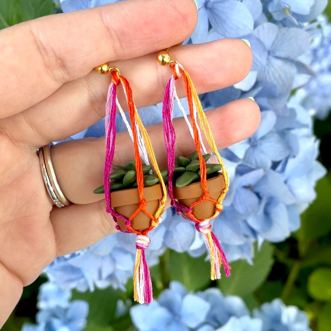 Lesbian Flag Macramé Plant Earrings